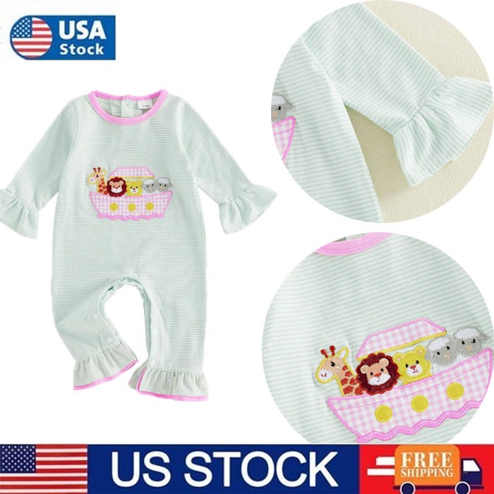 Infant Baby Girl Clothes Animal Embroidery Long Sleeve Ruffle Stripe Romper