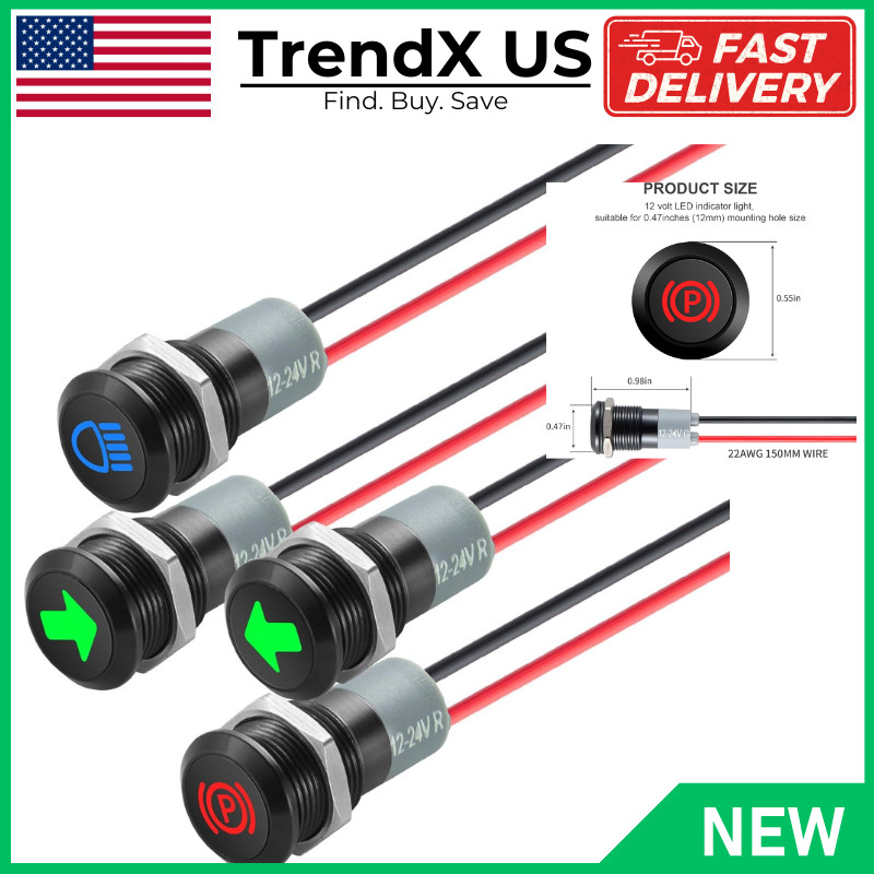 4PCS 12mm LED Dash Indicator Lights Turn Signal High Beam Parking Brake 12V