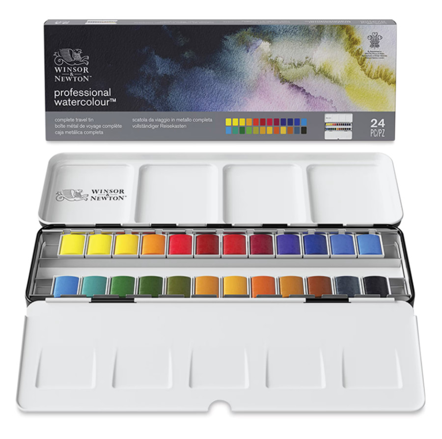 Winsor & Newton Professional Watercolor, Set of 24 Complete Travel Tin Half Pans Winsor & Newton Professional Watercolor, Set of 24 Complete Travel Tin Half Pans