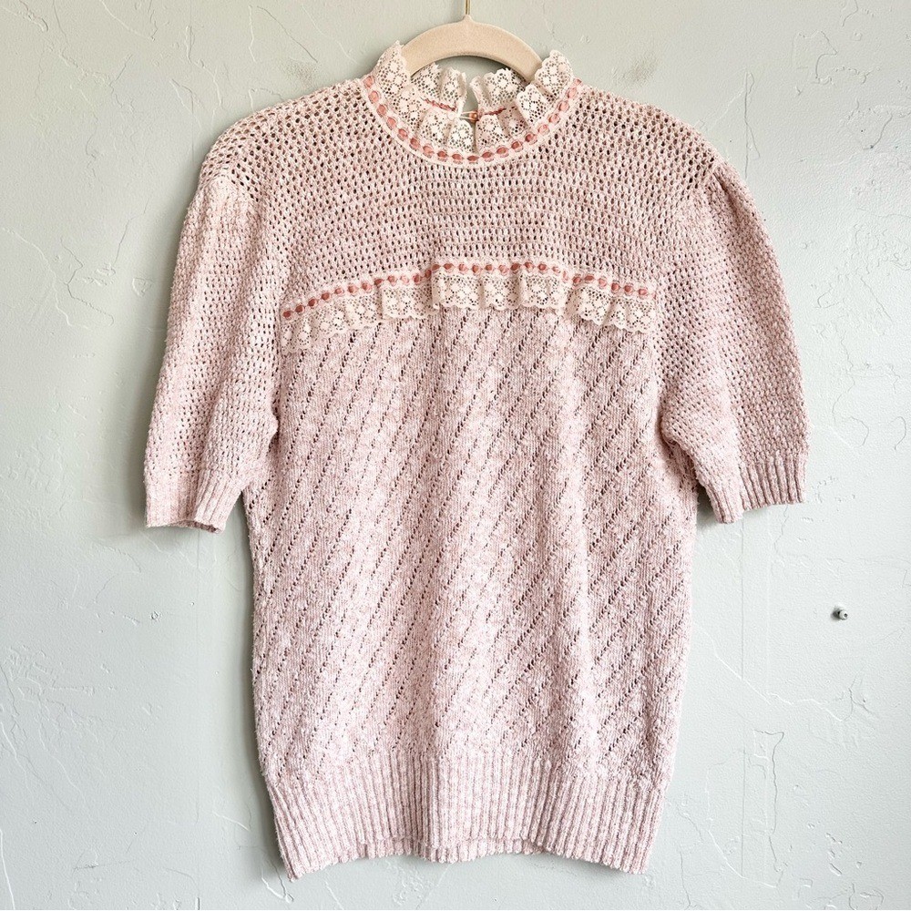 Vintage 70\'s Knit Lace Short Sleeve Sweater Top Small EUC Cottagecore Preppy EUC