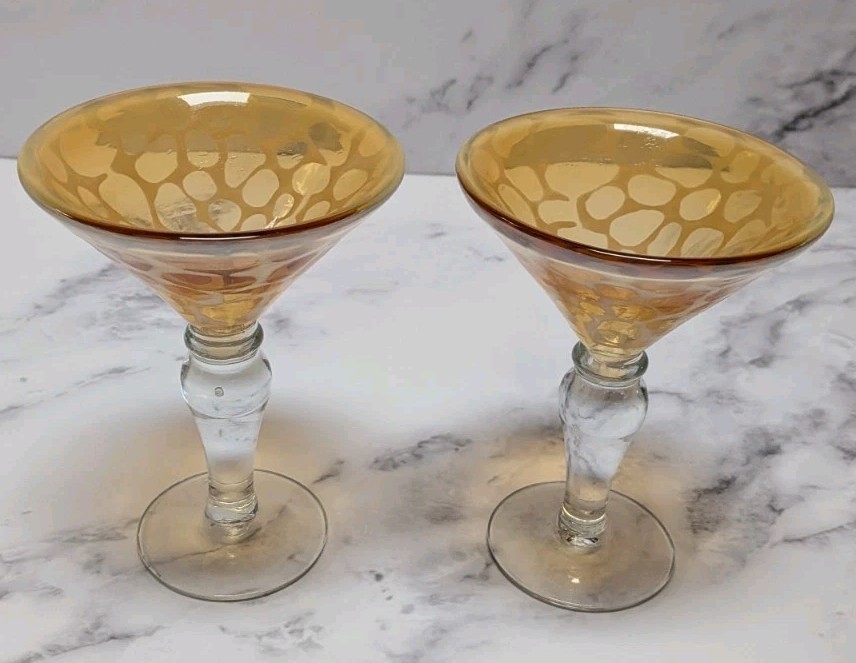Pair Hand Blown Amber Art Glass Martini Cocktail Glasses Frosted Organic Pattern