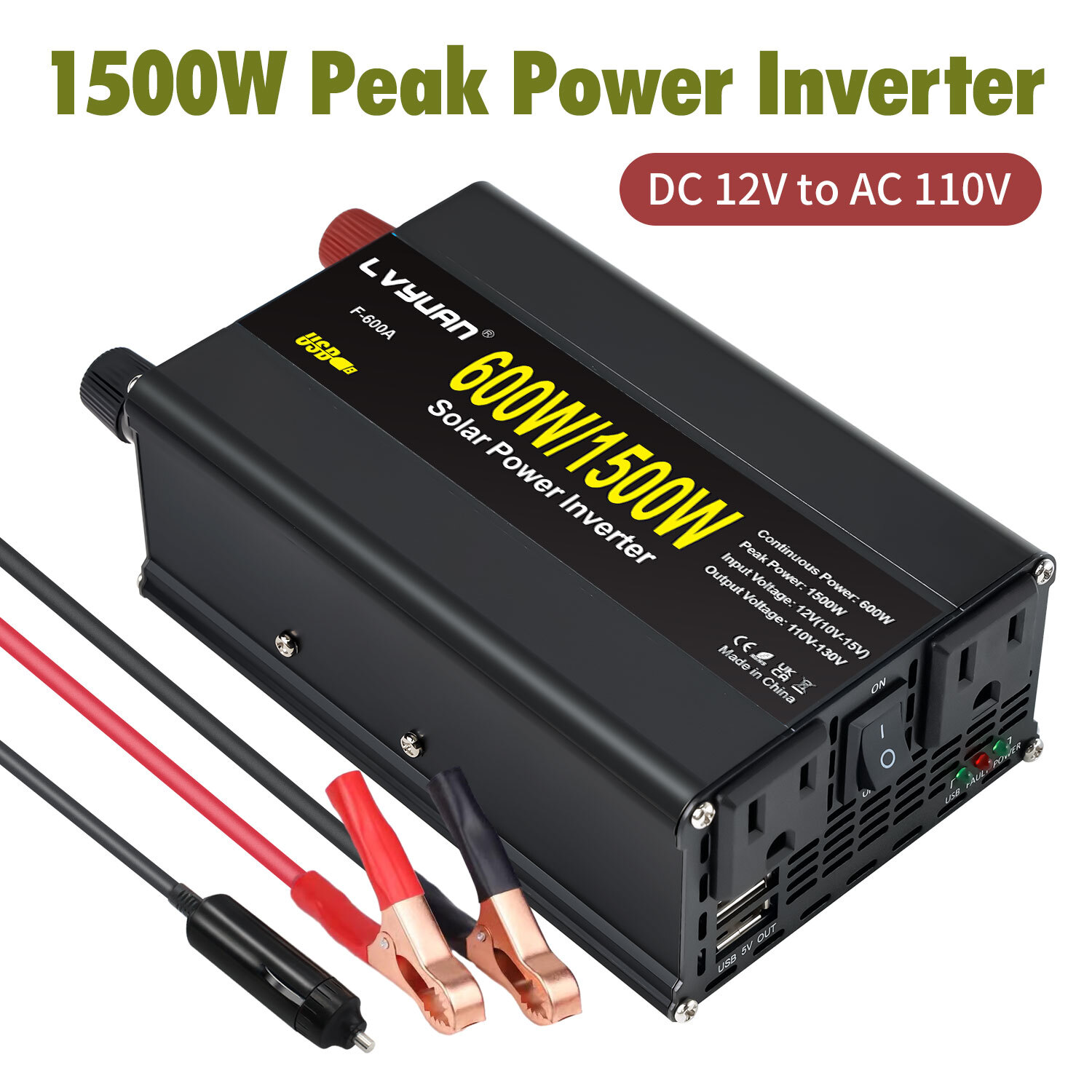 1500W 2000W 2500W 3000W Power Inverter 12V to 110V Converter 2USB Camping Trip