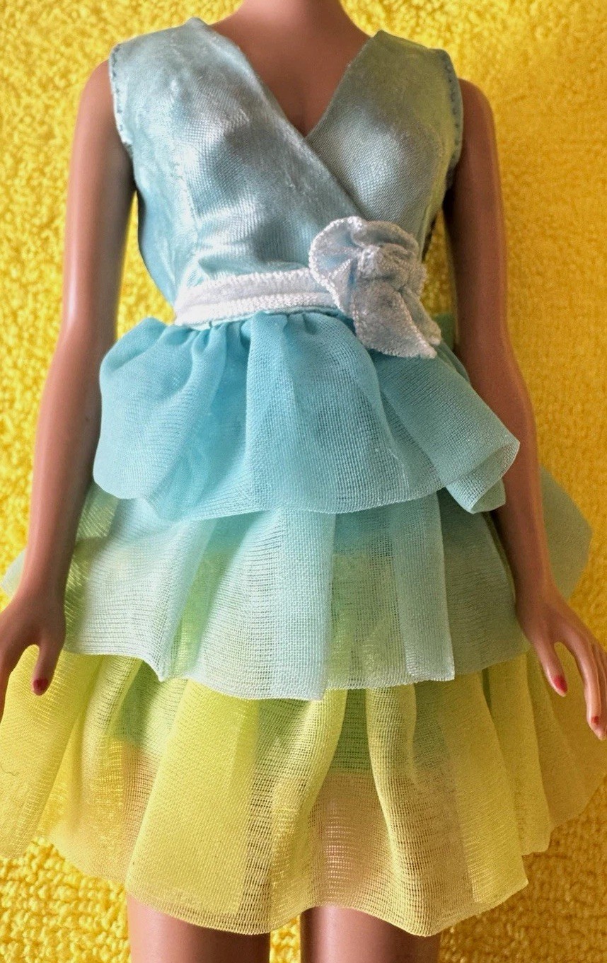 Vintage Mattel’s Barbie’s Blue Yellow Green Tiered Party Dress Very Good