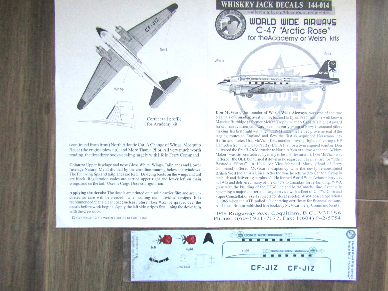 DOUGLAS DC-3 WORLD WIDE AIRWAYS ARCTIC ROSE WHISKEY JACK DECALS 1/144