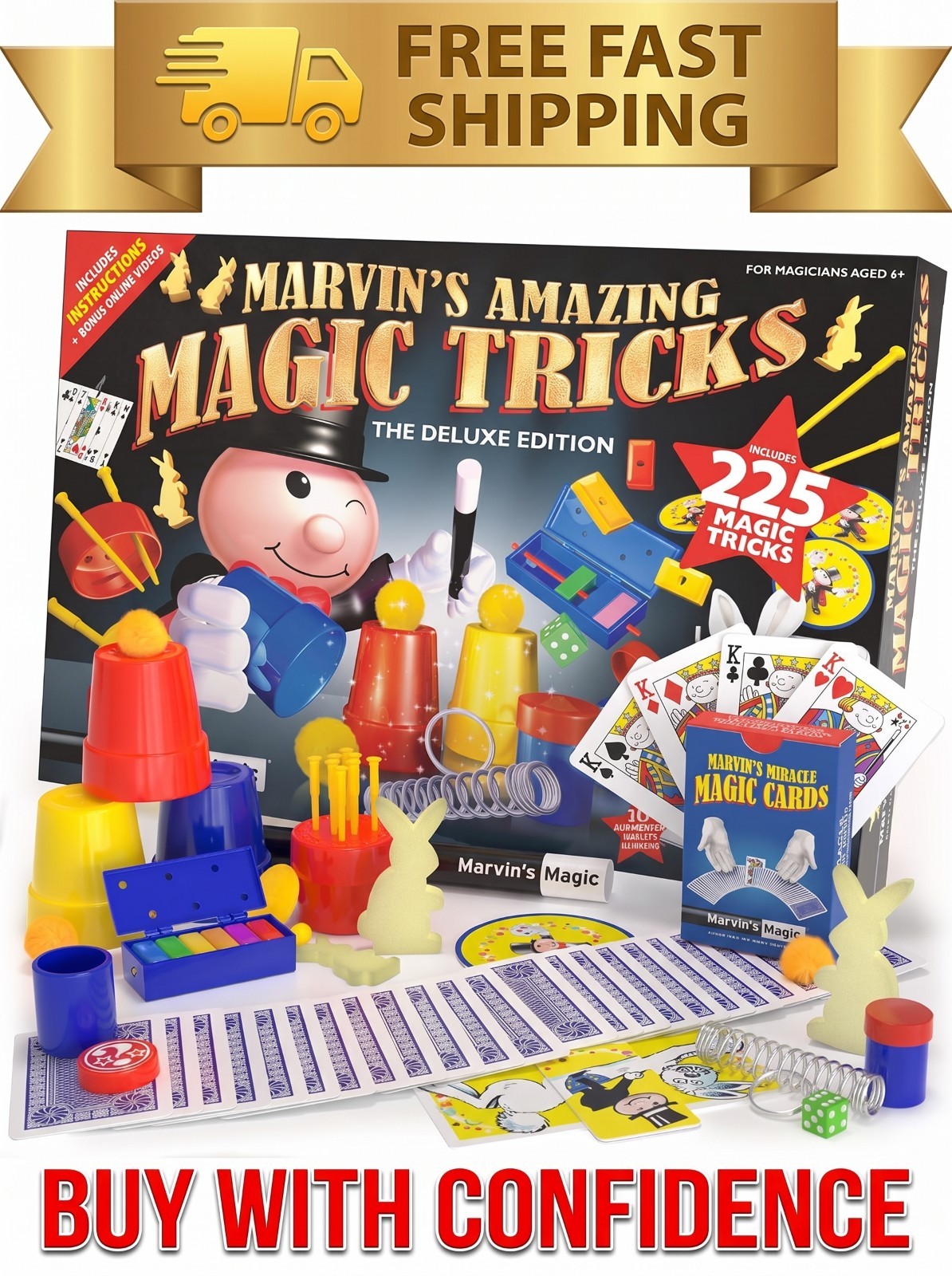 Marvin's Magic 225 Tricks Deluxe Kit Christmas Gift for Kids Age 6+ Cards Wand