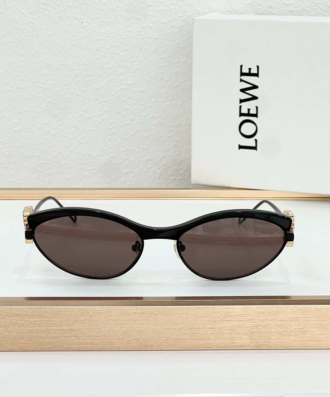 Loewe LW1738LS Black Cat-Eye Sunglasses Crystal Gold Anagram Logo Luxury