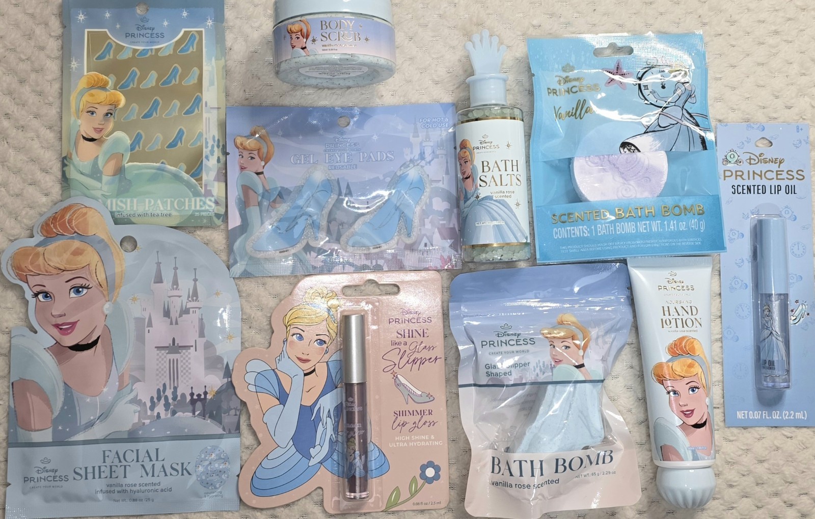 Disney's Cinderella HUGE NEW GIFT LOT 10 Pcs Lip Gloss Oil Sheet Mask Bath Bombs