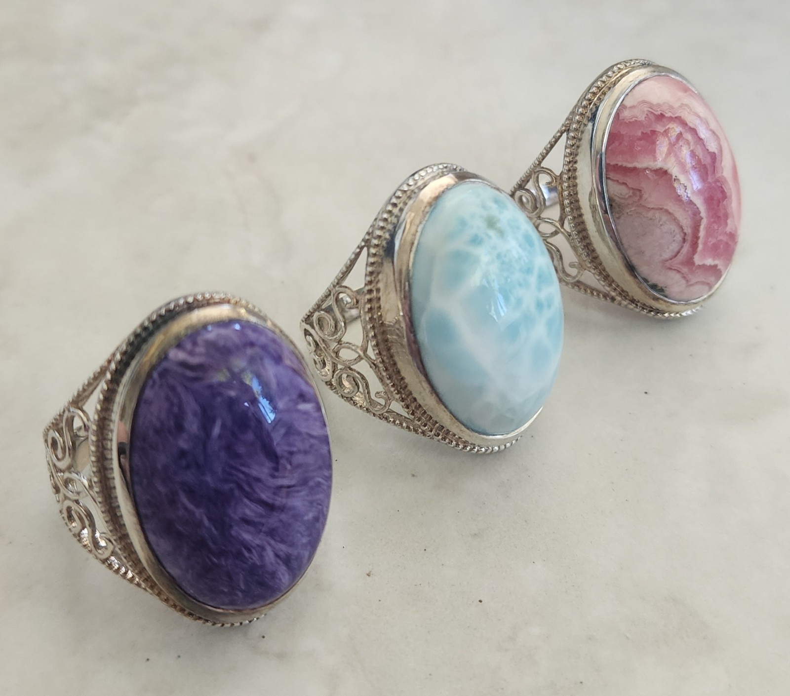 3 Vintage Sterling Silver Oval Purple , Turquoise, Agate Cutout Band Rings sz8.5