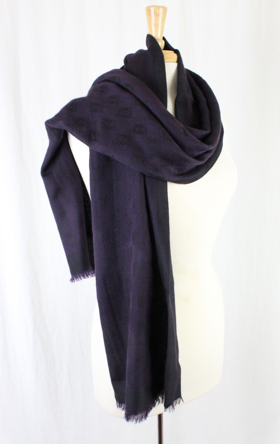 Loewe Women\'s Dark Purple Black Floral Print 100% Cashmere Fringe Infinity Scarf