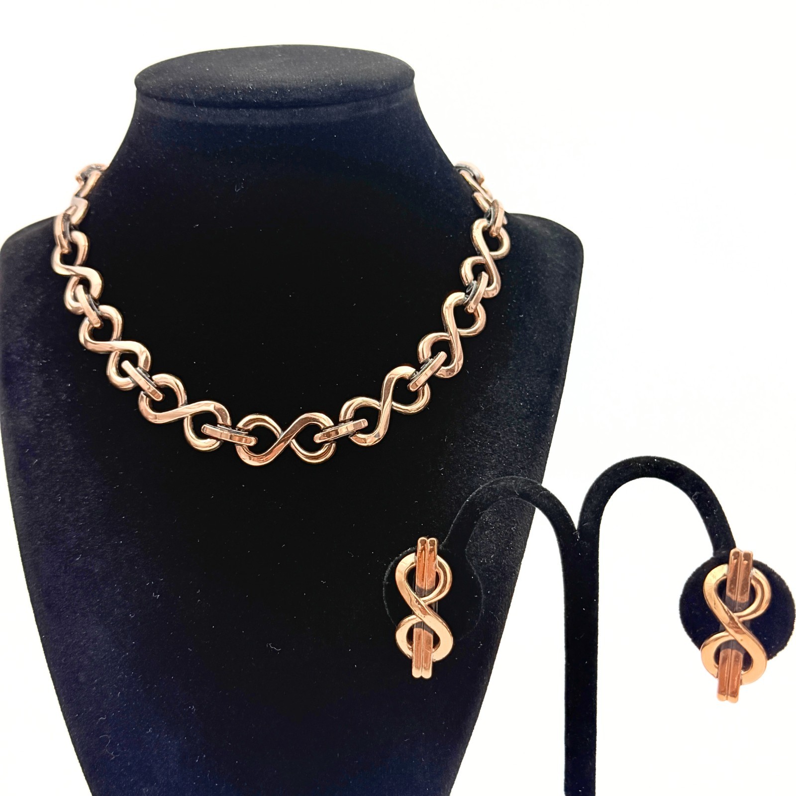 Vintage Matisse Renoir Copper Infinity Figure 8 Modernist Necklace Earrings Set 