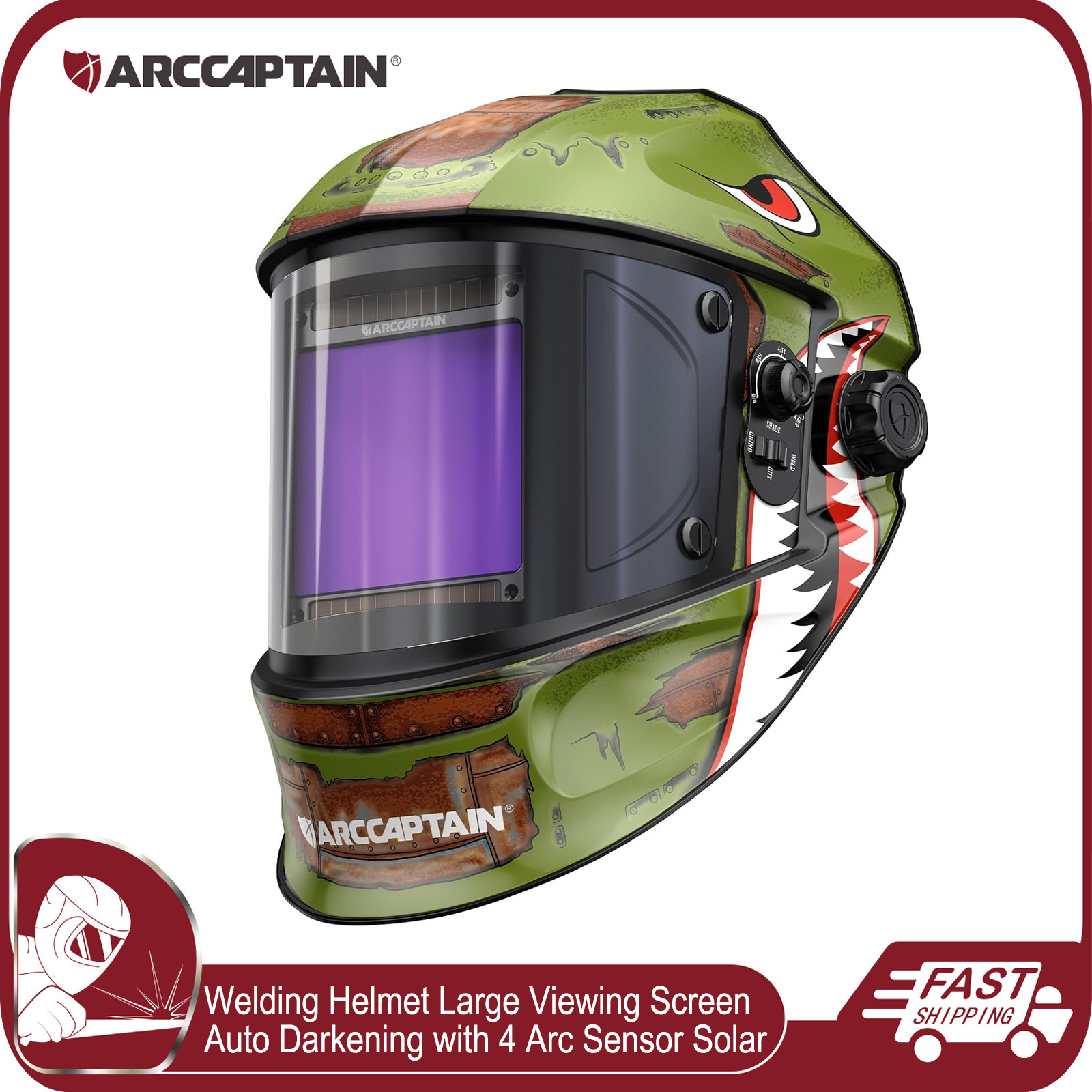 ARCCAPTAIN Large Viewing Welding Helmet True Color Auto Darkening Solar Powered