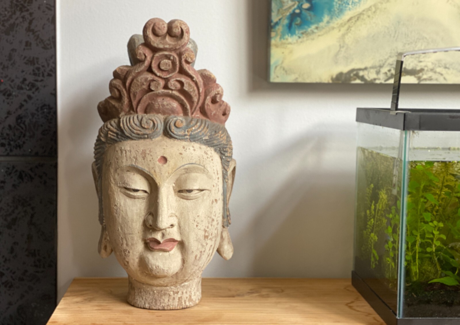 US Seller - Vintage Guanyin Head Chinese Goddess Wooden Sculpture