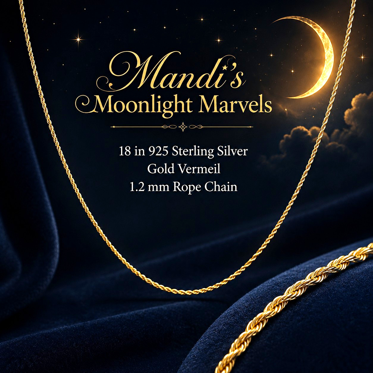 Mandi\'s Moonlight Marvels 925 Sterling Silver Gold Vermeil Rope Chain 18in Mandi\'s Moonlight Marvels 925 Sterling Silver Gold Vermeil Rope Chain 18in