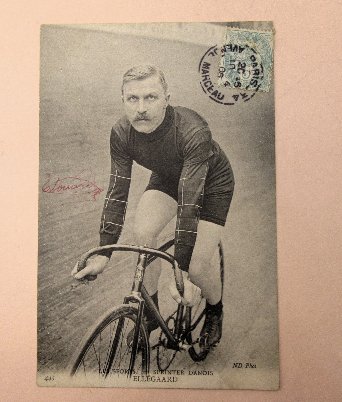 Antique 1906 Thorvald Ellegaard Cycling Postcard #445 with Paris Postmark
