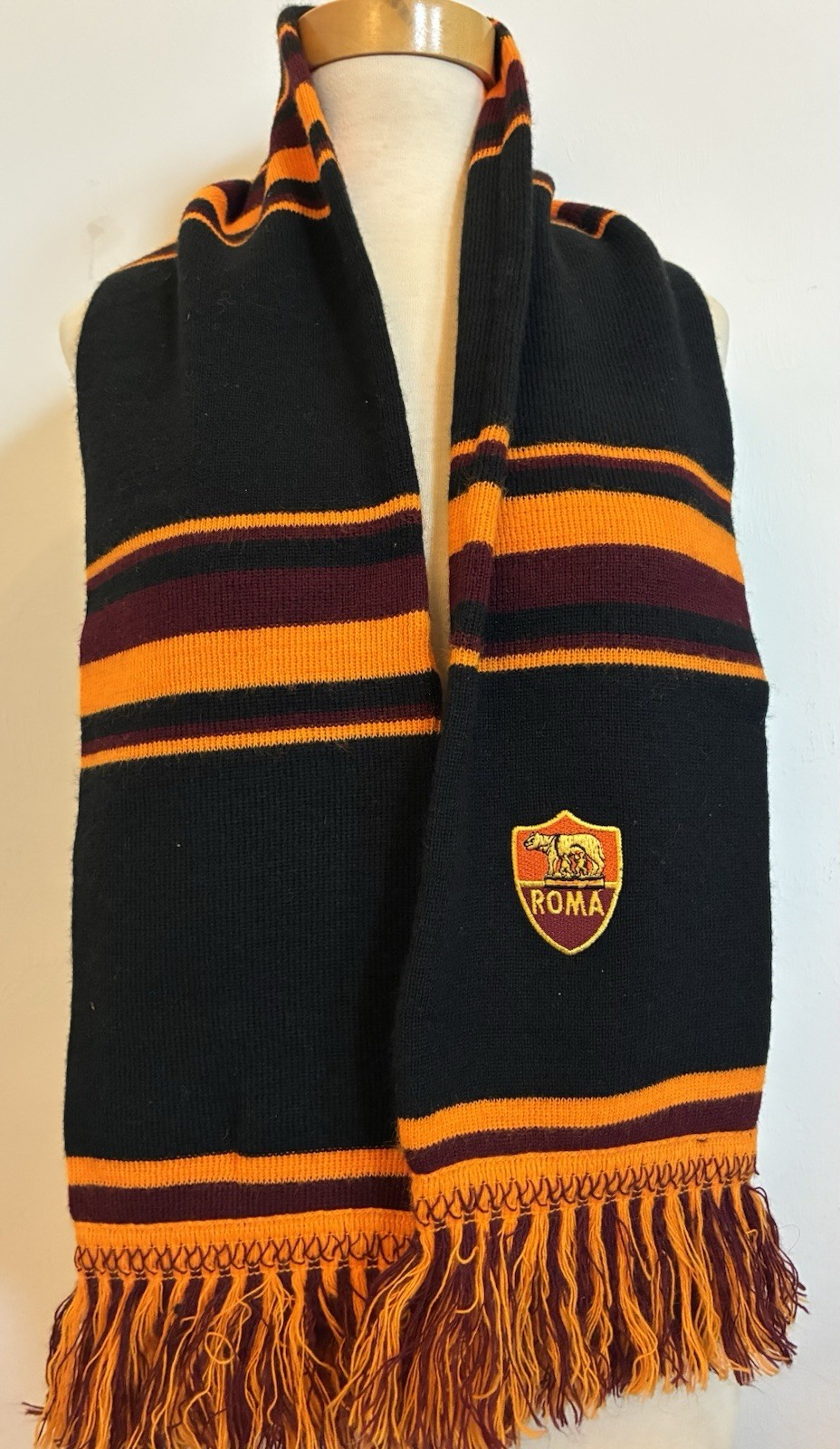 Vintage AS Roma Soccer Scarf Made in Italy Embroidered Crest Black Orange Fringe