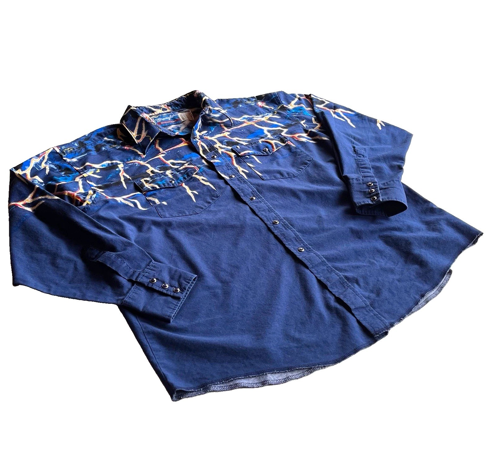 Vintage Wrangler Western Lightning Graphic Print Pearl Snap Button-Up Shirt AOP