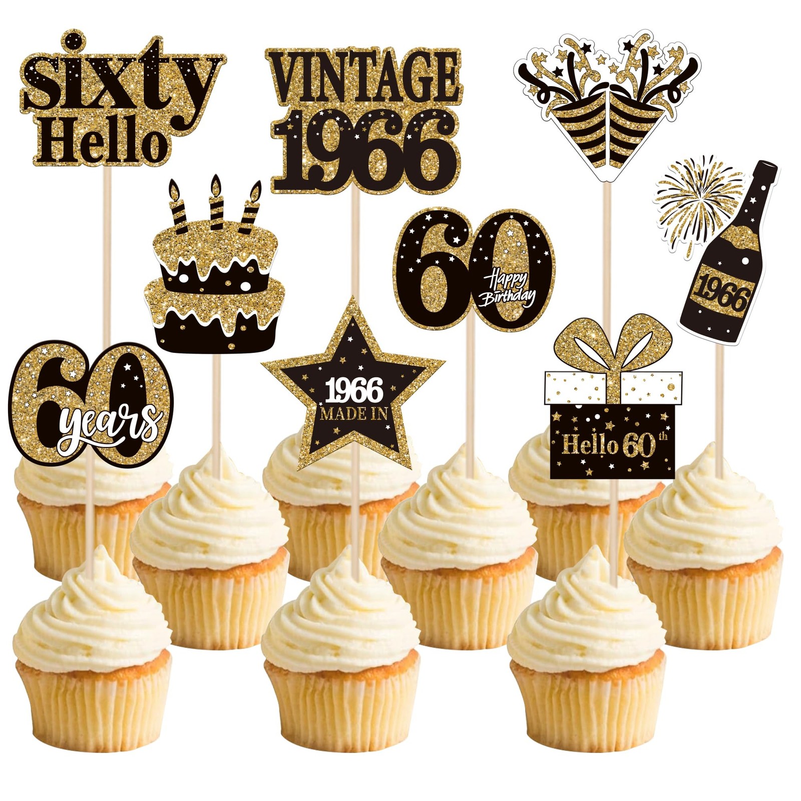 36PCS Happy 60Th Birthday Cupcake Toppers Double Sided Black Gold Sixty Hello 60