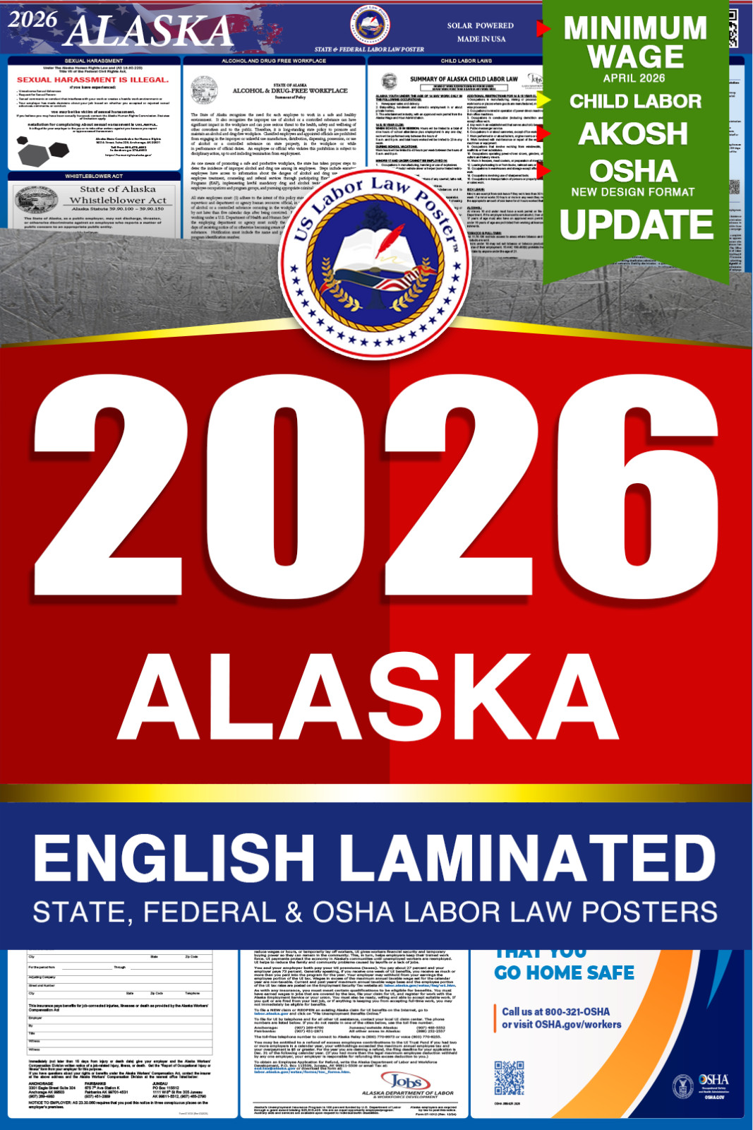 2026 Alaska AK LABOR LAW POSTER (Federal & State) English Laminated