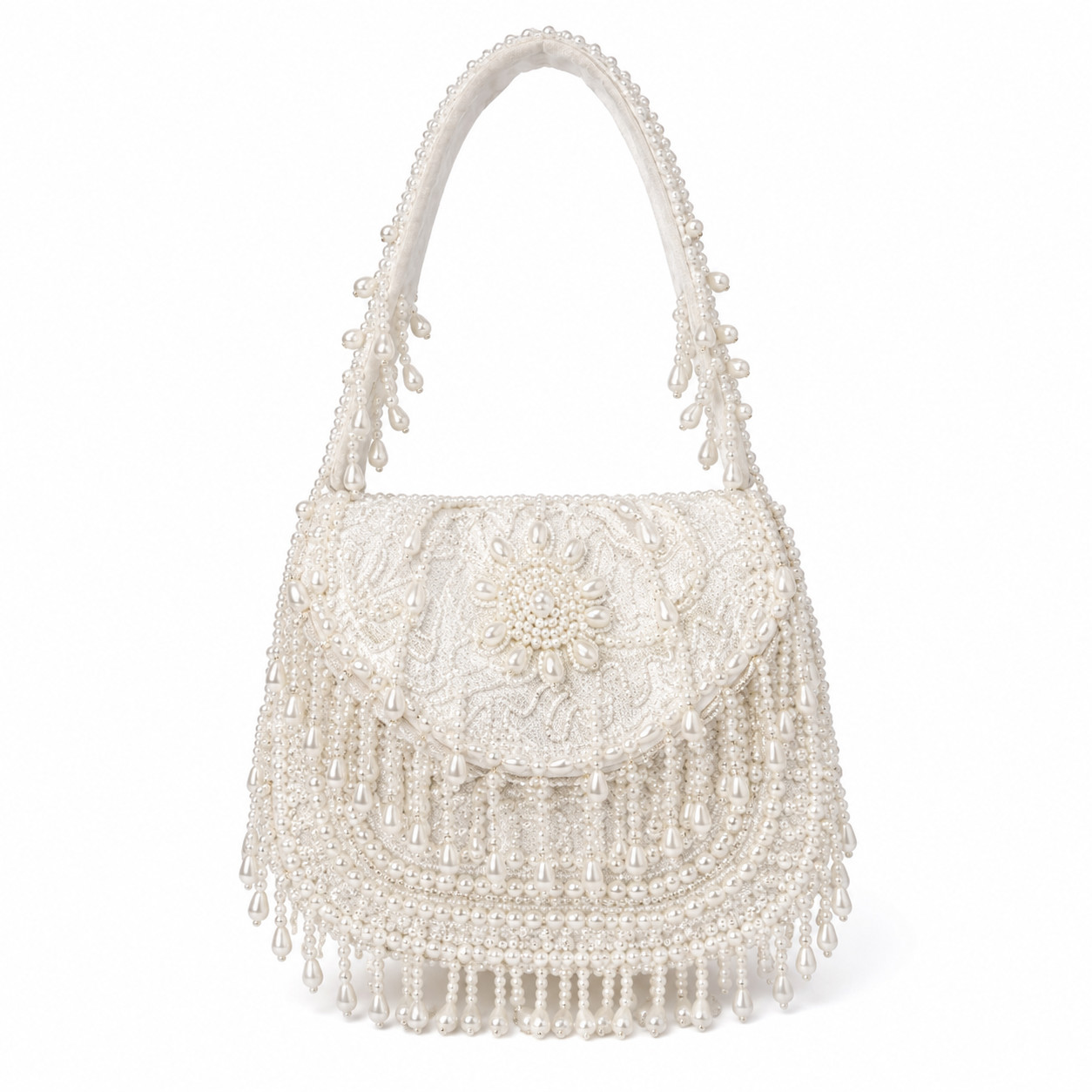 Curvique Women\'s White Pearl Beaded Shoulder Bag Bridal Wedding Evening Party
