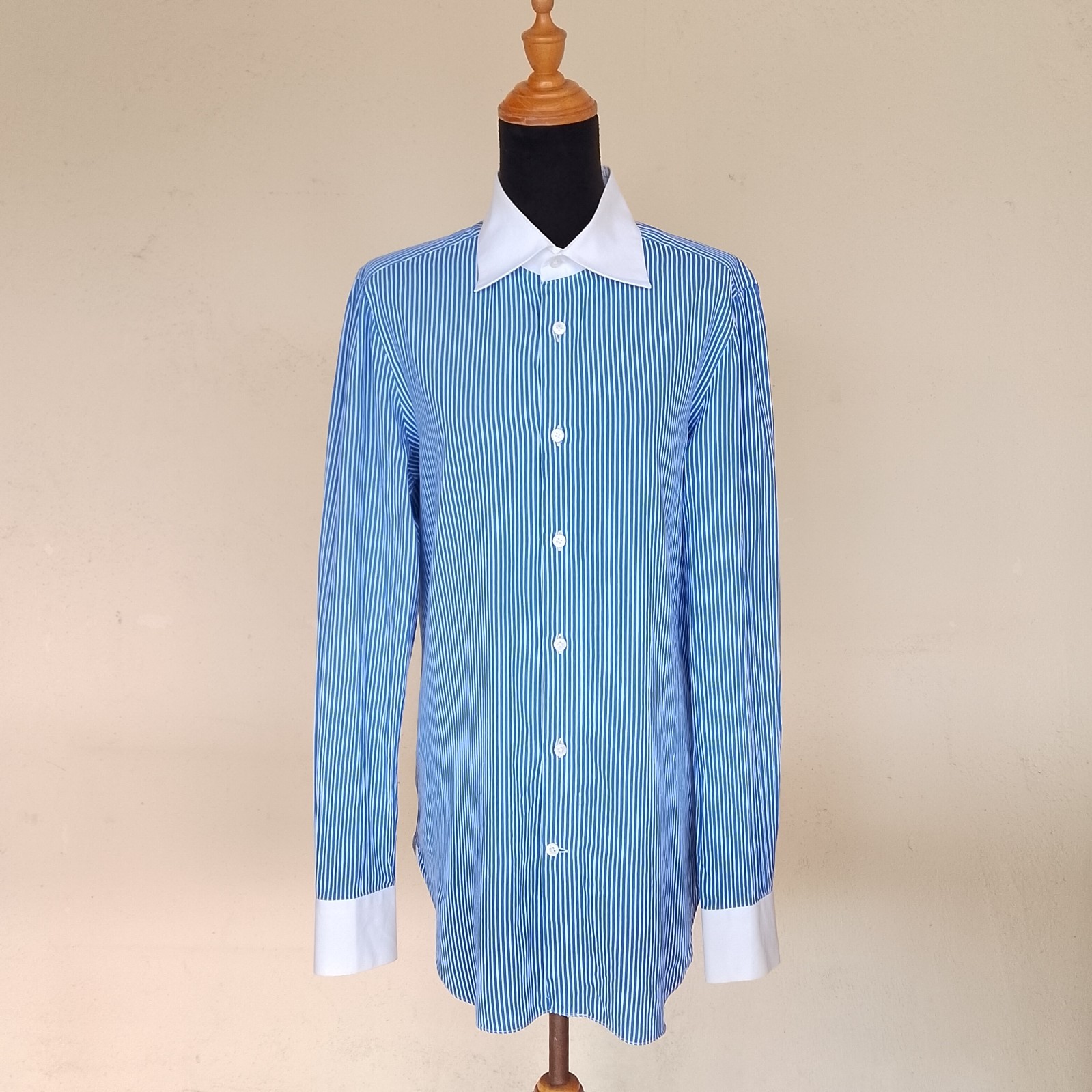 Finamore Napoli Striped Blue Cotton French Cuff Dress Banker Shirt Size 15.5
