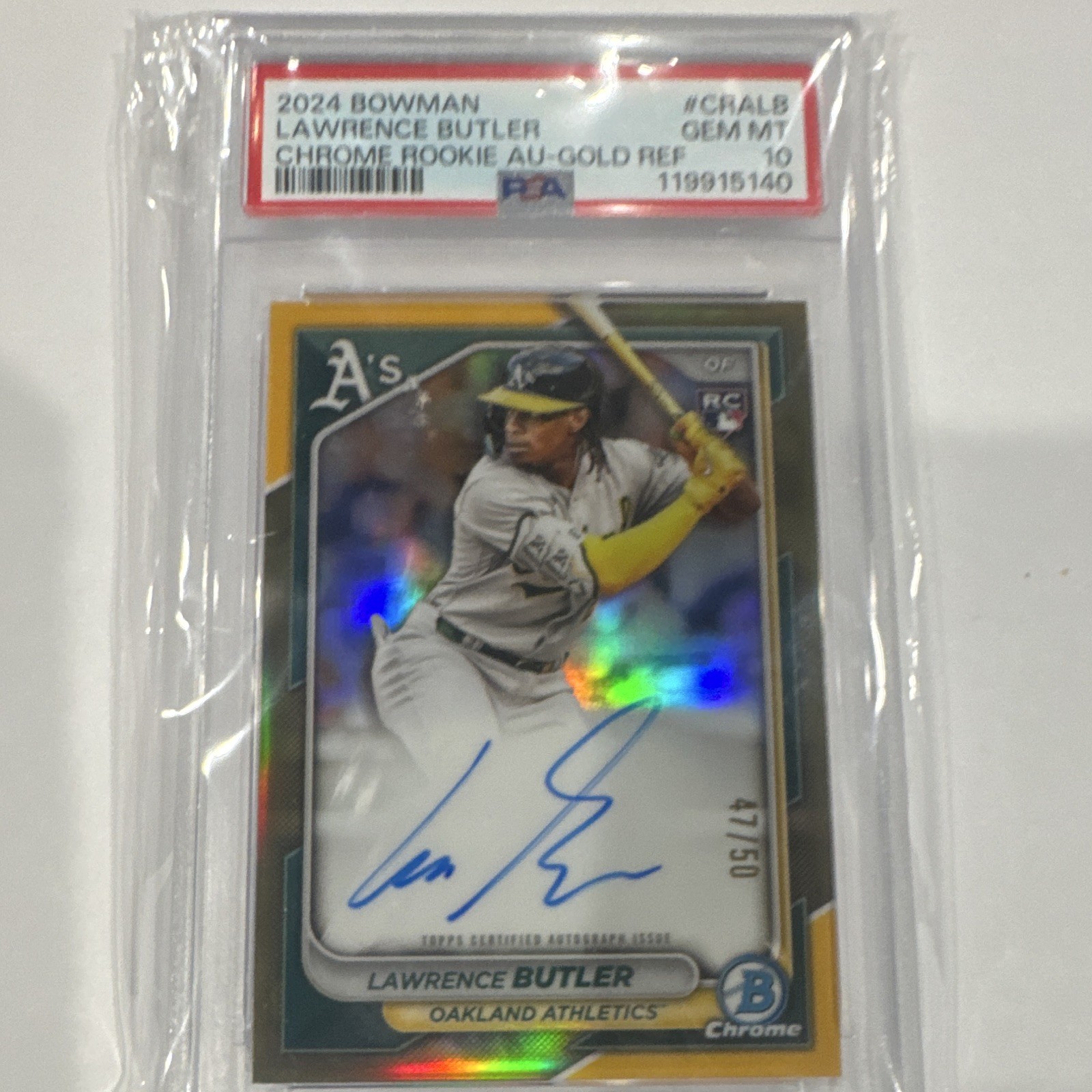 Bowman 2024 Chrome Rookie Autographs Lawrence Butler CRA-LB Gold /50 PSA 10 Bowman 2024 Chrome Rookie Autographs Lawrence Butler CRA-LB Gold /50 PSA 10