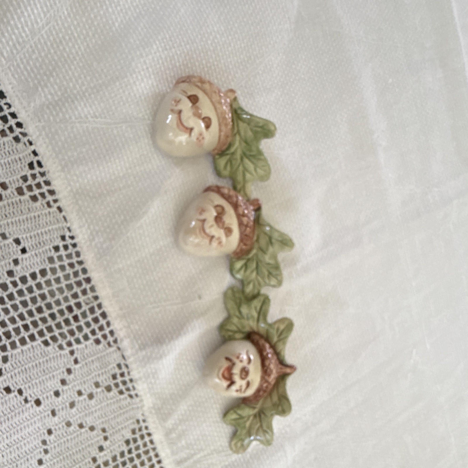 Vtg Hand Painted Ceramic Acorn Face Wall Plaques Magnets Fall Decor Set 3 Signed