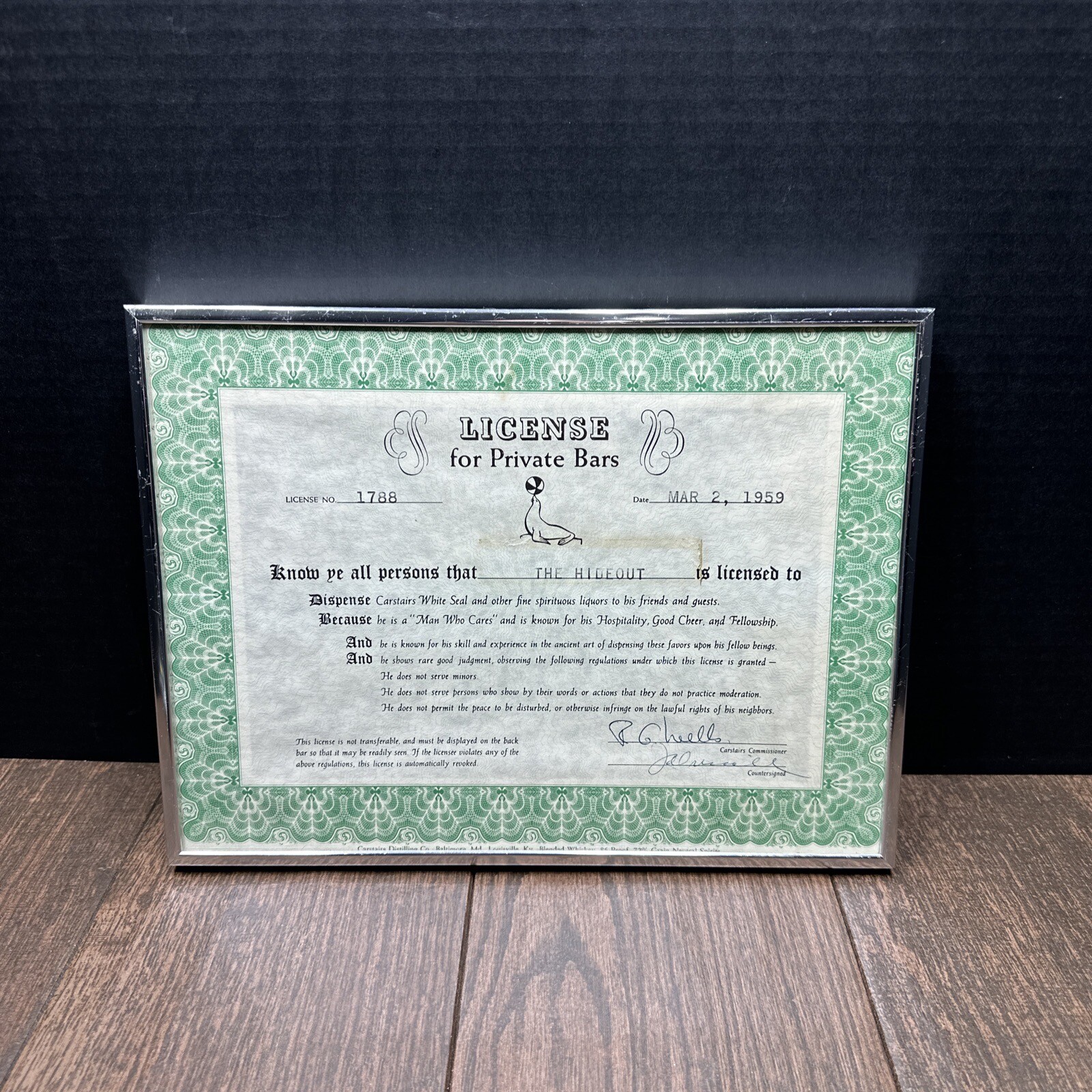 VINTAGE 1959 BAR LICENSE “THE HIDEOUT “ LOUISVILLE KENTUCY PRIVATE BAR #1788