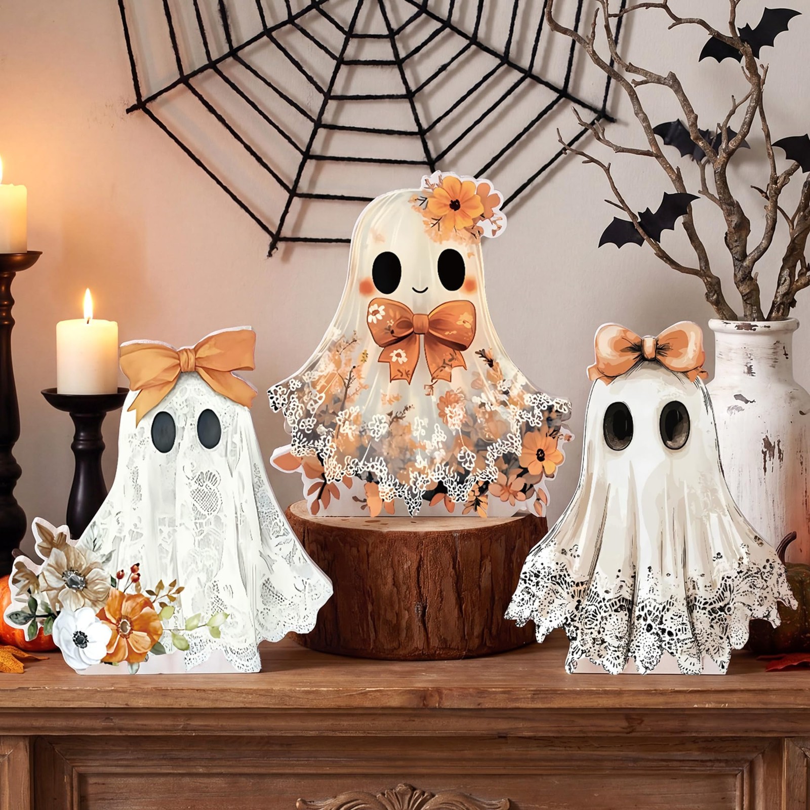 3 Pcs Cute Ghost Halloween Table Decorations Indoor, White Lace Floral Wooden Bl 3 Pcs Cute Ghost Halloween Table Decorations Indoor, White Lace Floral Wooden Bl