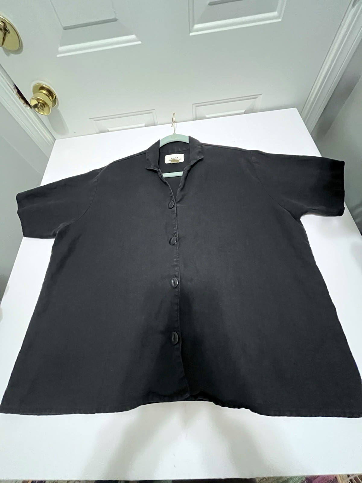 VNTG- FLAX by Jeanne Engelhart Women’s Black Linen Button Up Short Sleeve Size L