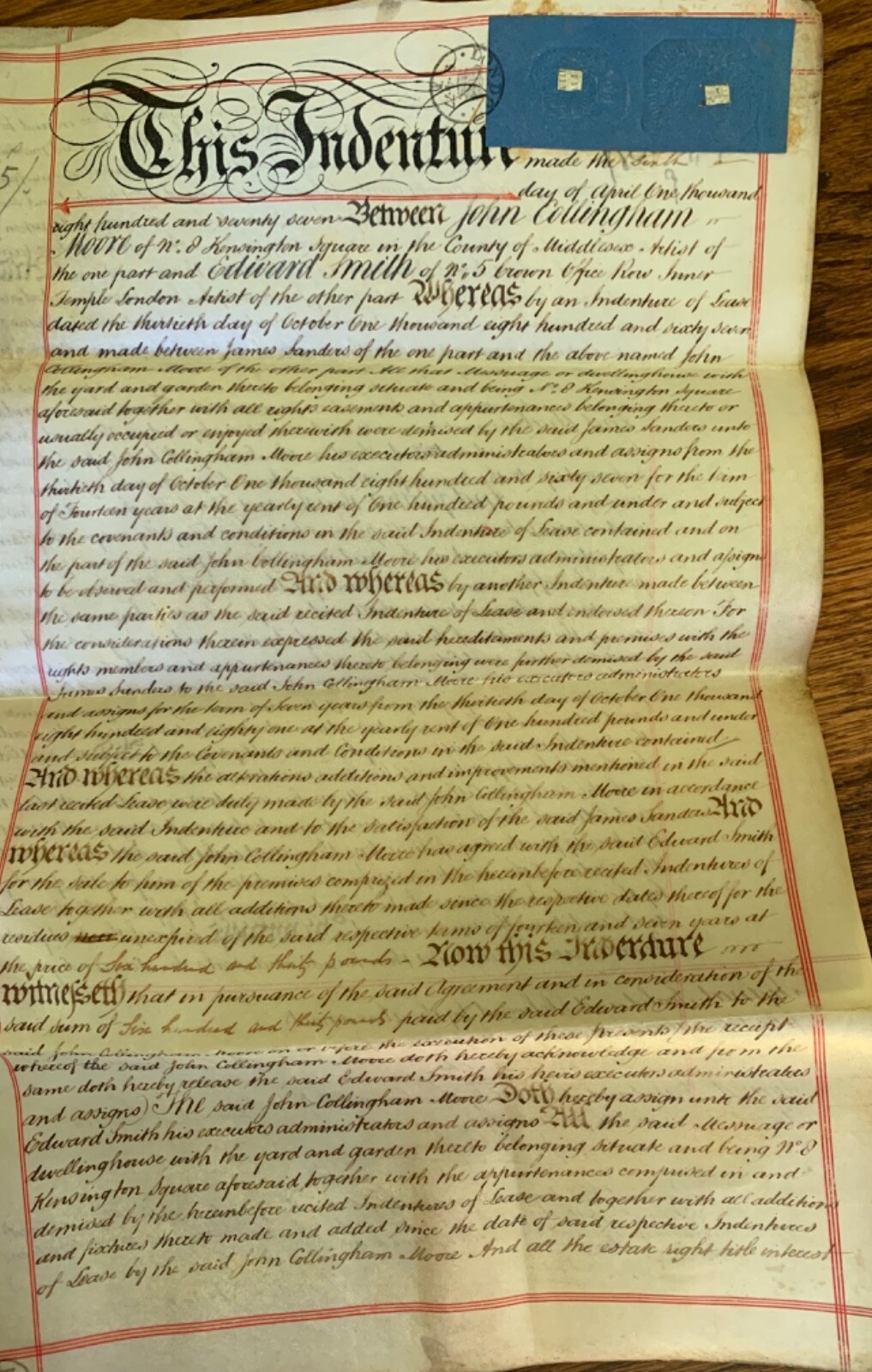 1877 Indenture, Lease of Kensington Square, Middlesex. England Moore and Smith 1877 Indenture, Lease of Kensington Square, Middlesex. England Moore and Smith
