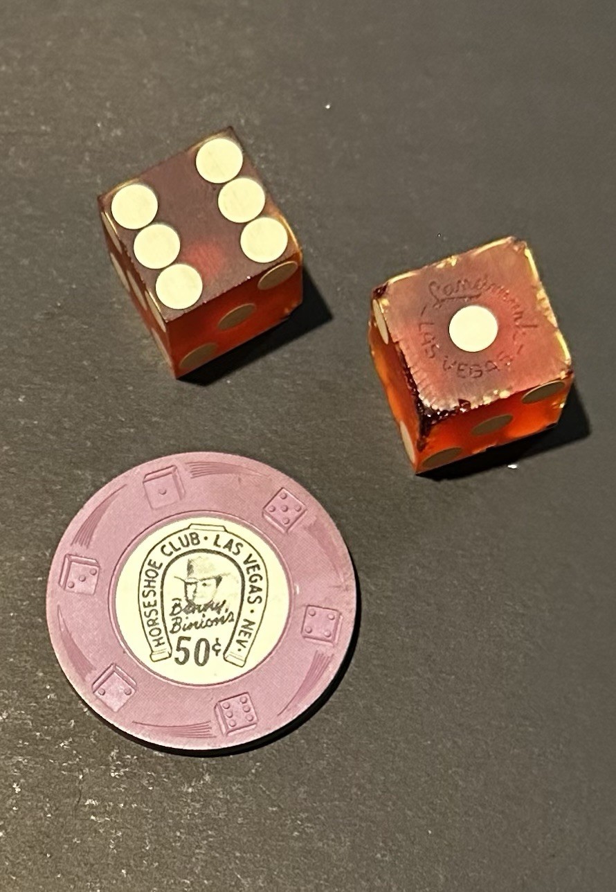 Rare Vintage Benny Binion's Horseshoe Club Vegas 50-cent Chip & 2 Lucite Dice