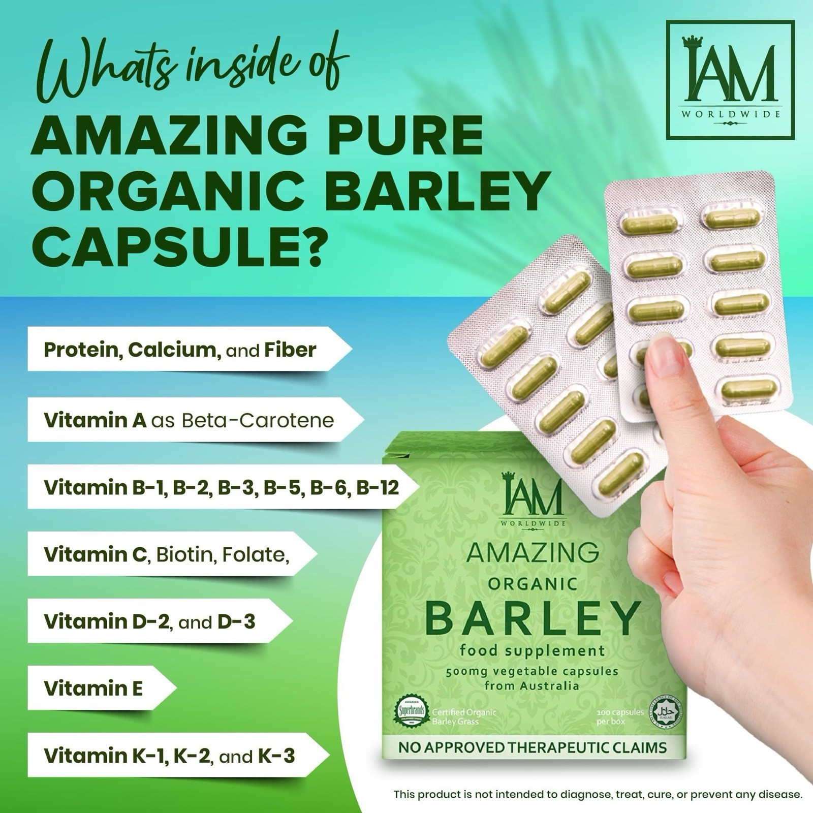 I AM  Amazing Pure Organic Barley Capsule - Expiration 2027