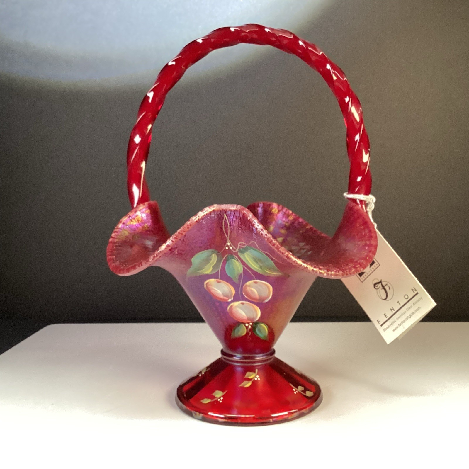 VTG Fenton Ruby Red  Carnival Satin Twisted Handle Stretch Basket Cherries