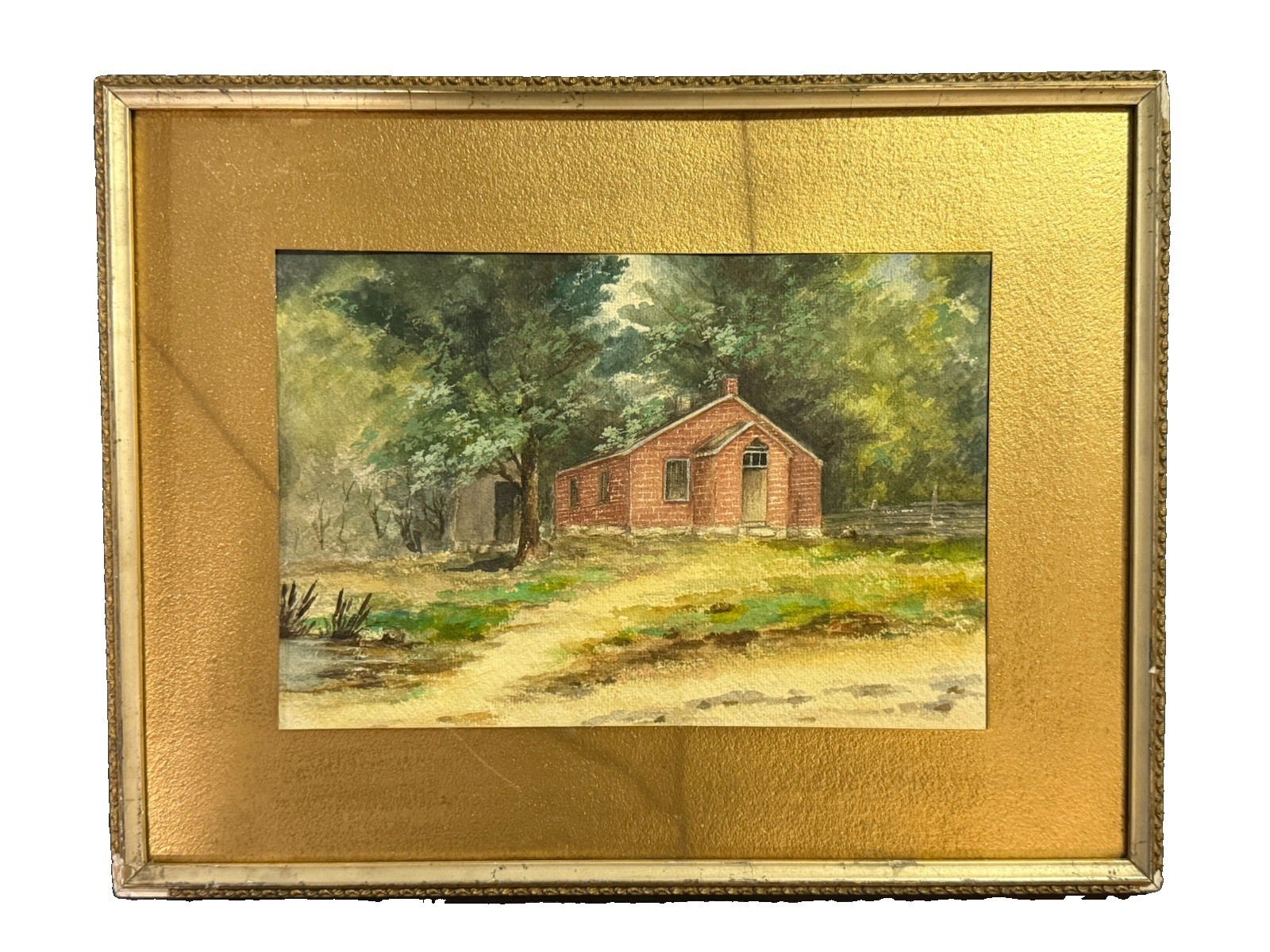 Antique Original Watercolor Painting of Brick House in the Woods Antique Original Watercolor Painting of Brick House in the Woods