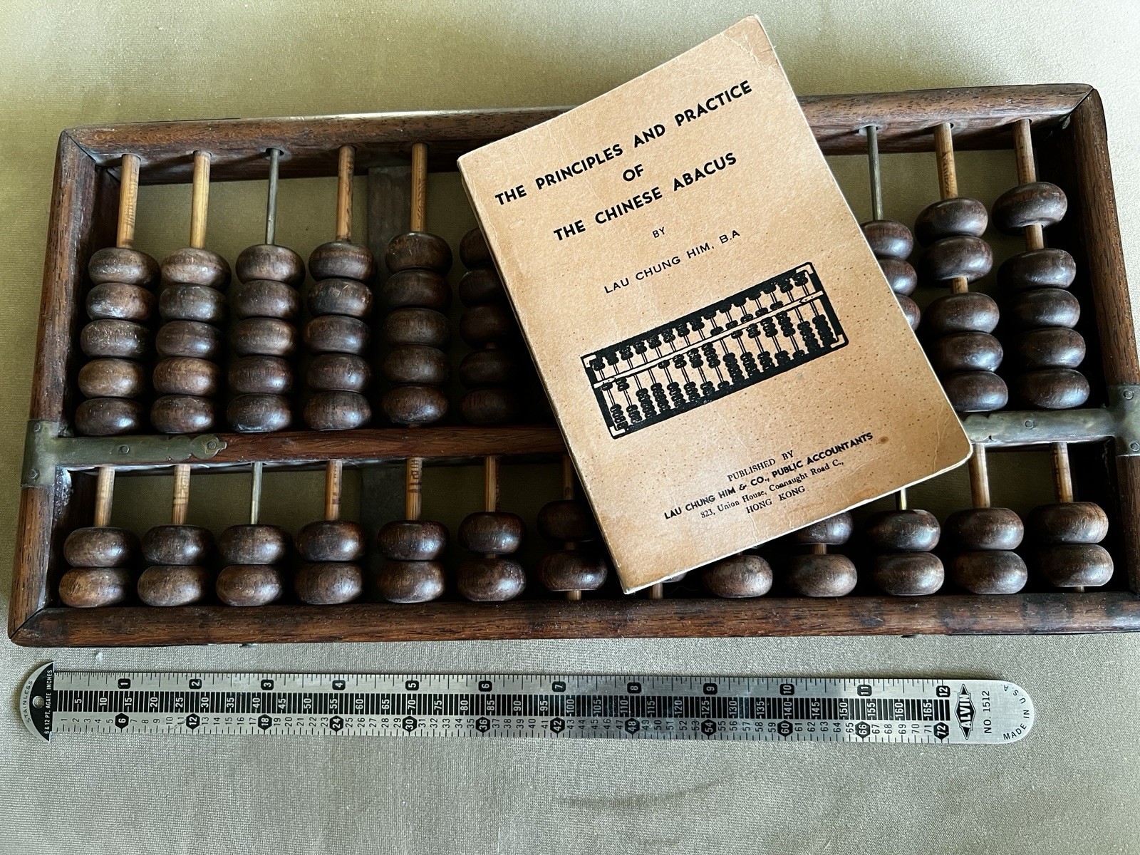 Abacus Vintage Classic 91 Bead Hard Wood Brass Suanpan Free book 30-50 Year Old