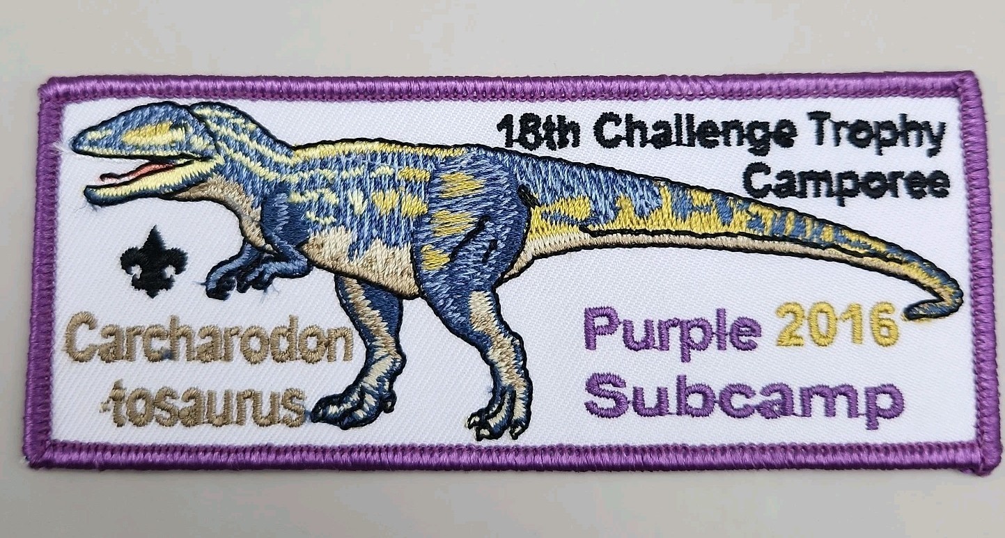 2016 BSA 18th Challenge Trophy Camporee Patch Purple Subcamp Carcharodontosaurus