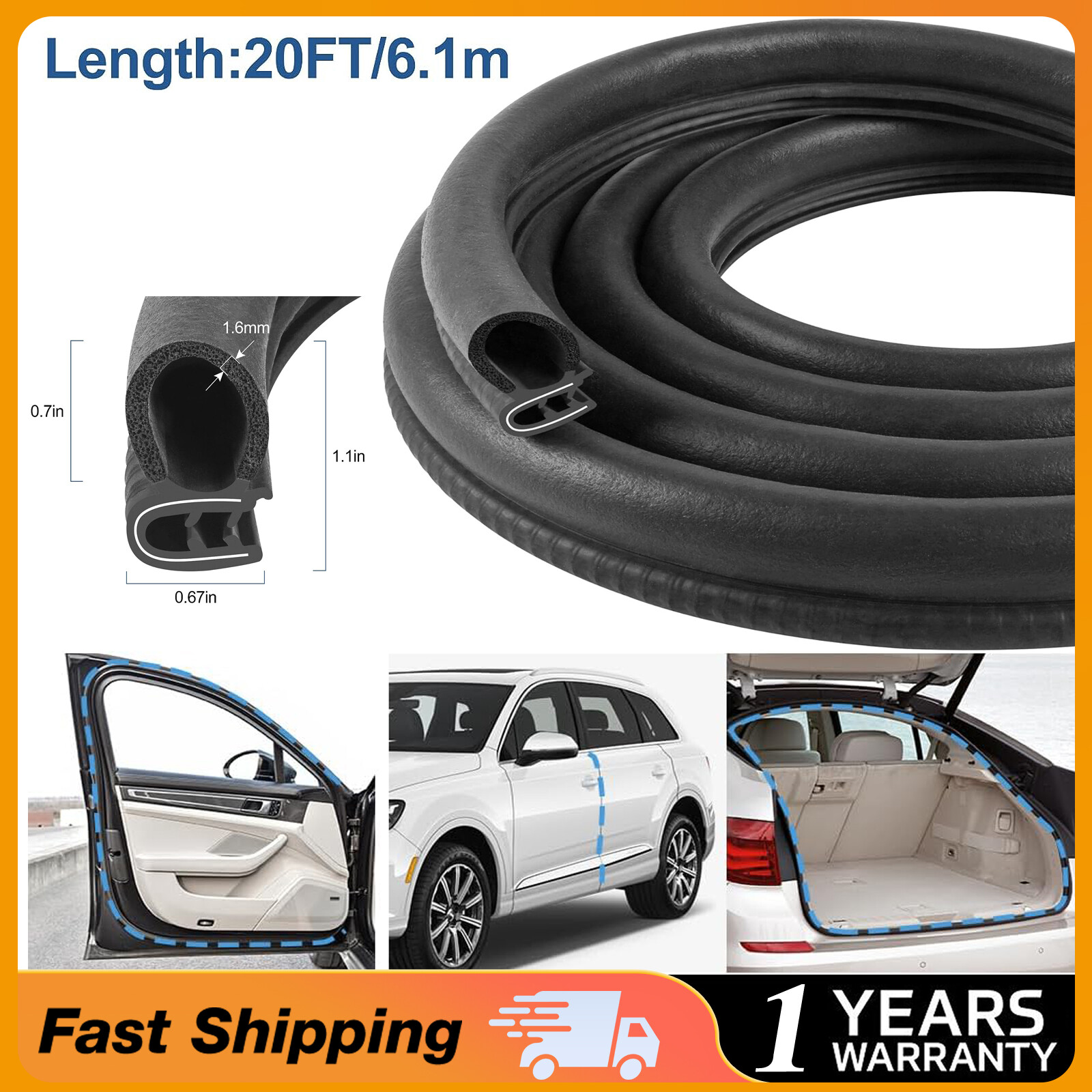 Automotive Door Weather Stripping 20Ft Car Door Rubber Edge Trim Seal Strip