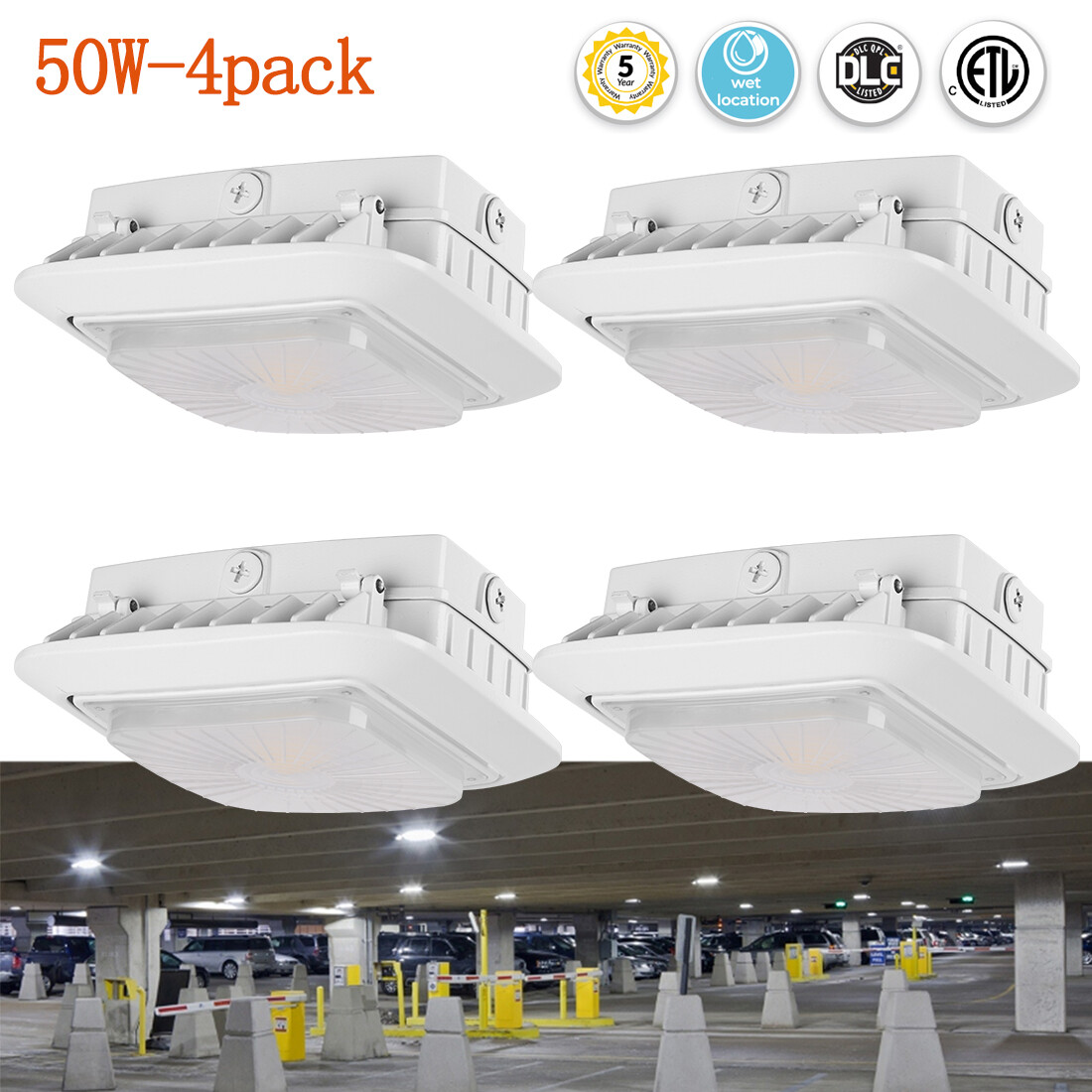 4PACK Led Canopy Garage Light Fixture 50W Parking Lot Security Area Light 