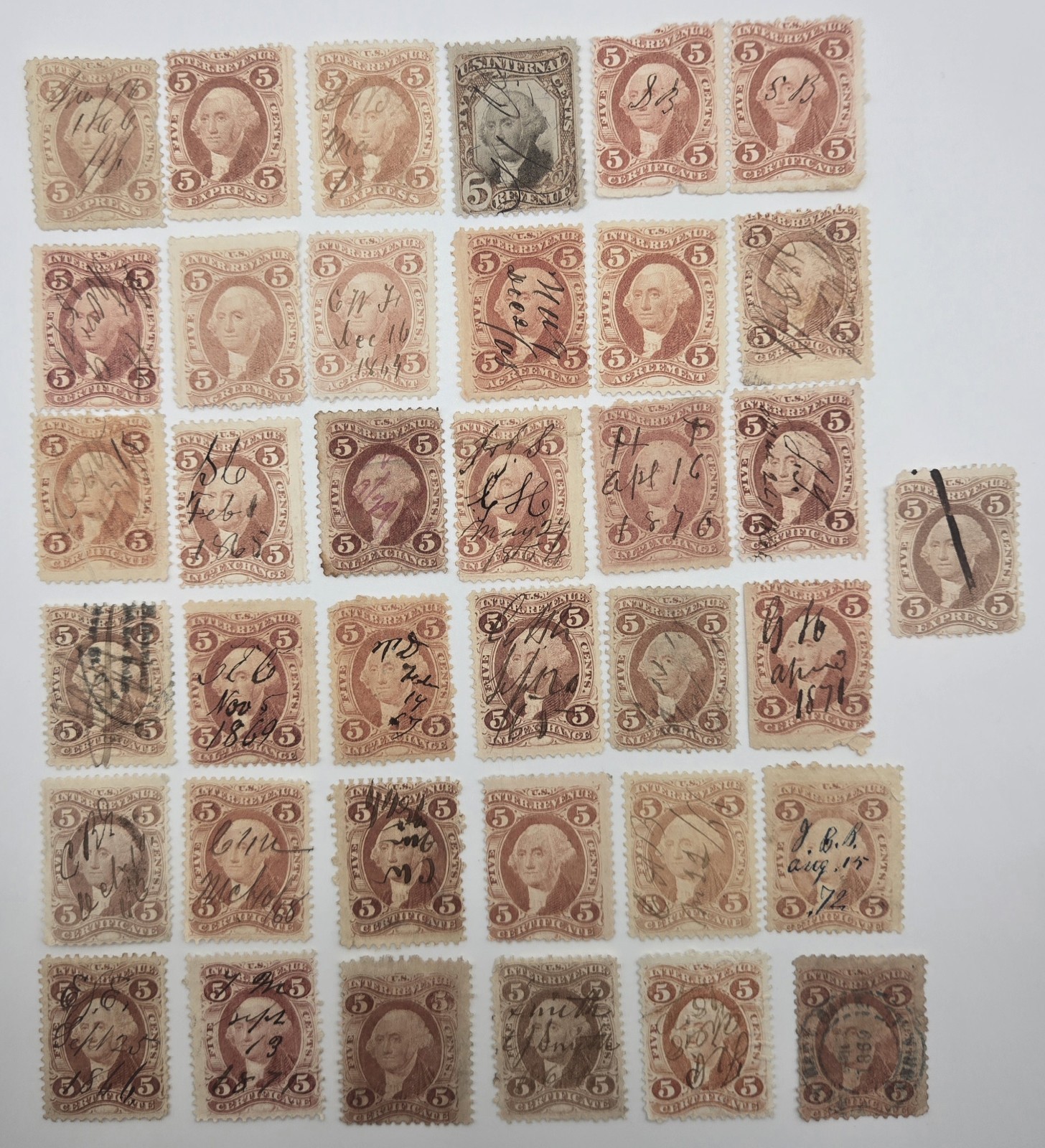 31x 1862-71 U.S. 5c Internal Revenue Stamps R23-R27 R137 Civil War Tax