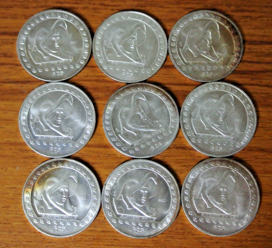 NINE Mexico $25 Pesos 1992 Guerrero Aguila, 1/4 oz Silver BU eagle warrior