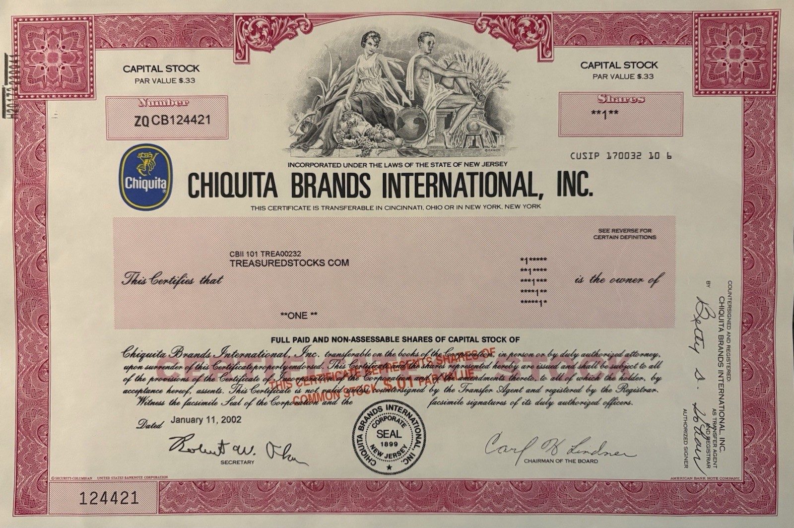 Chiquita Brands Stock Certificate Issued For 1 Share VF Chiquita Brands Stock Certificate Issued For 1 Share VF