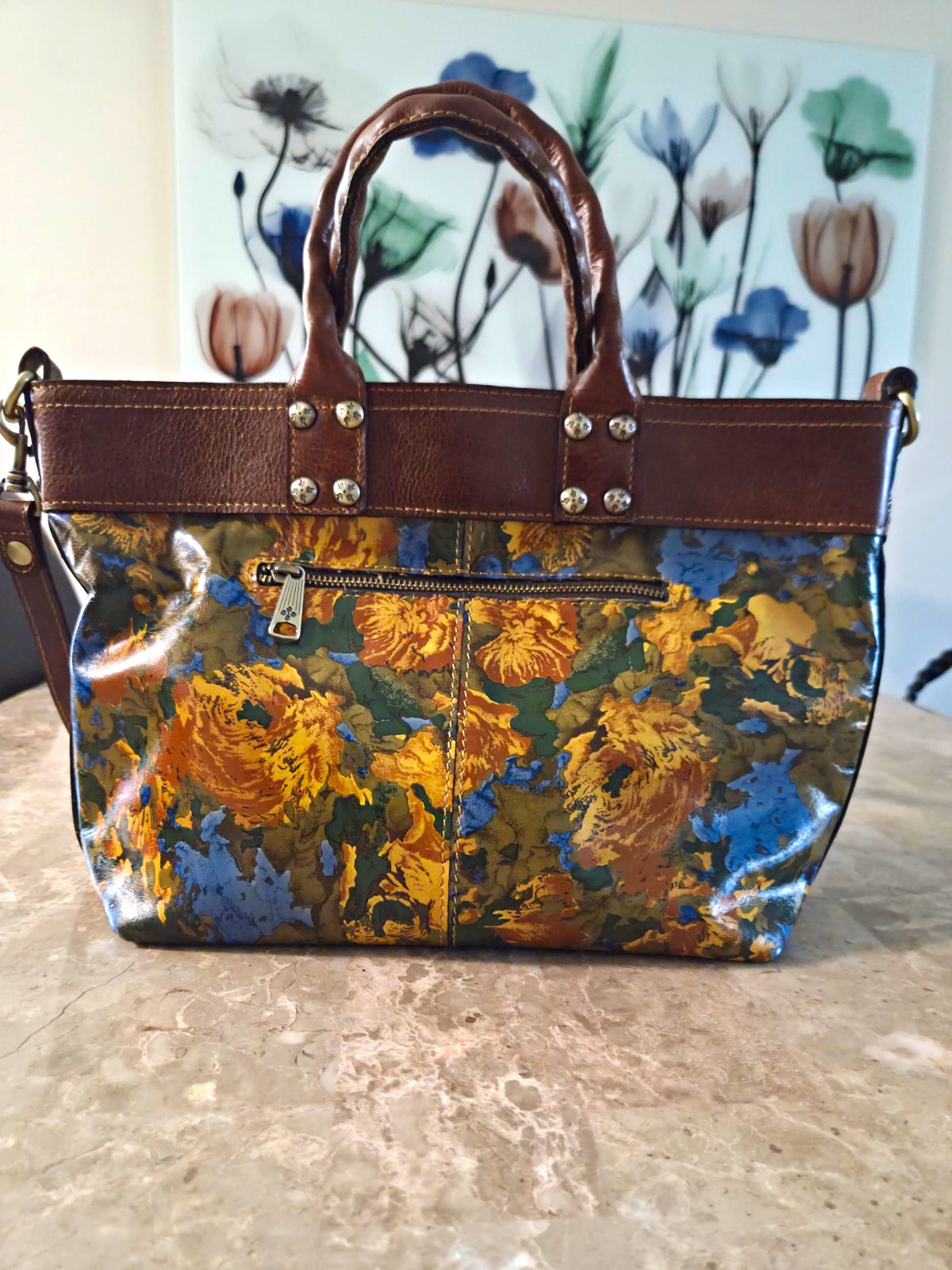Patricia Nash Floral Satchel Top Handle Bag Zip Lined Pockets Detachable Strap