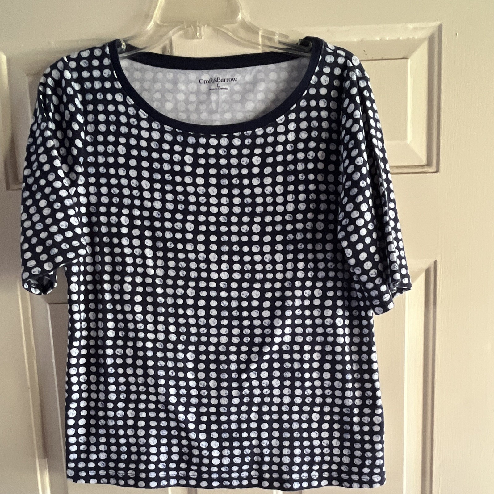 Croft & Barrow Women\'s Blue Polka Dot Scoop Neck Short Sleeve Knit Tee L