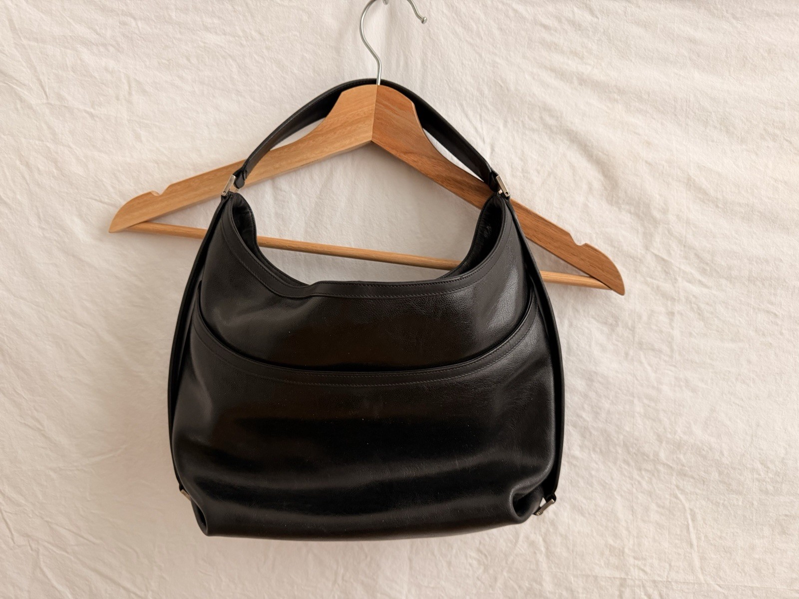 Versace Black Shoulder Bag Crescent Pink Lining Silver Hardware Inner Pockets