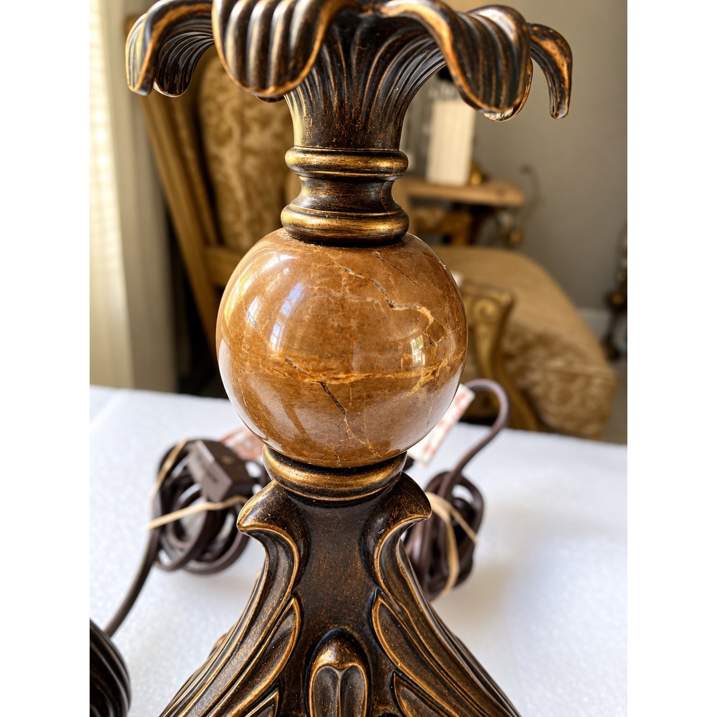 vintage pair of ornate table lamps polished natural stone a dark bronze finish