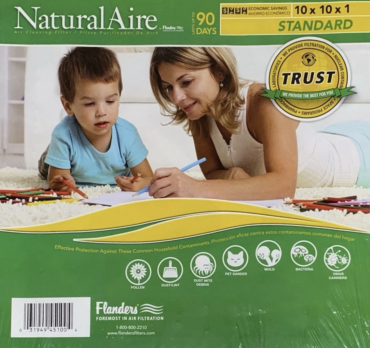 Flanders 84858 10x10x1 NaturalAire Pleated HVAC Air Filter 1 Pack Made In USA