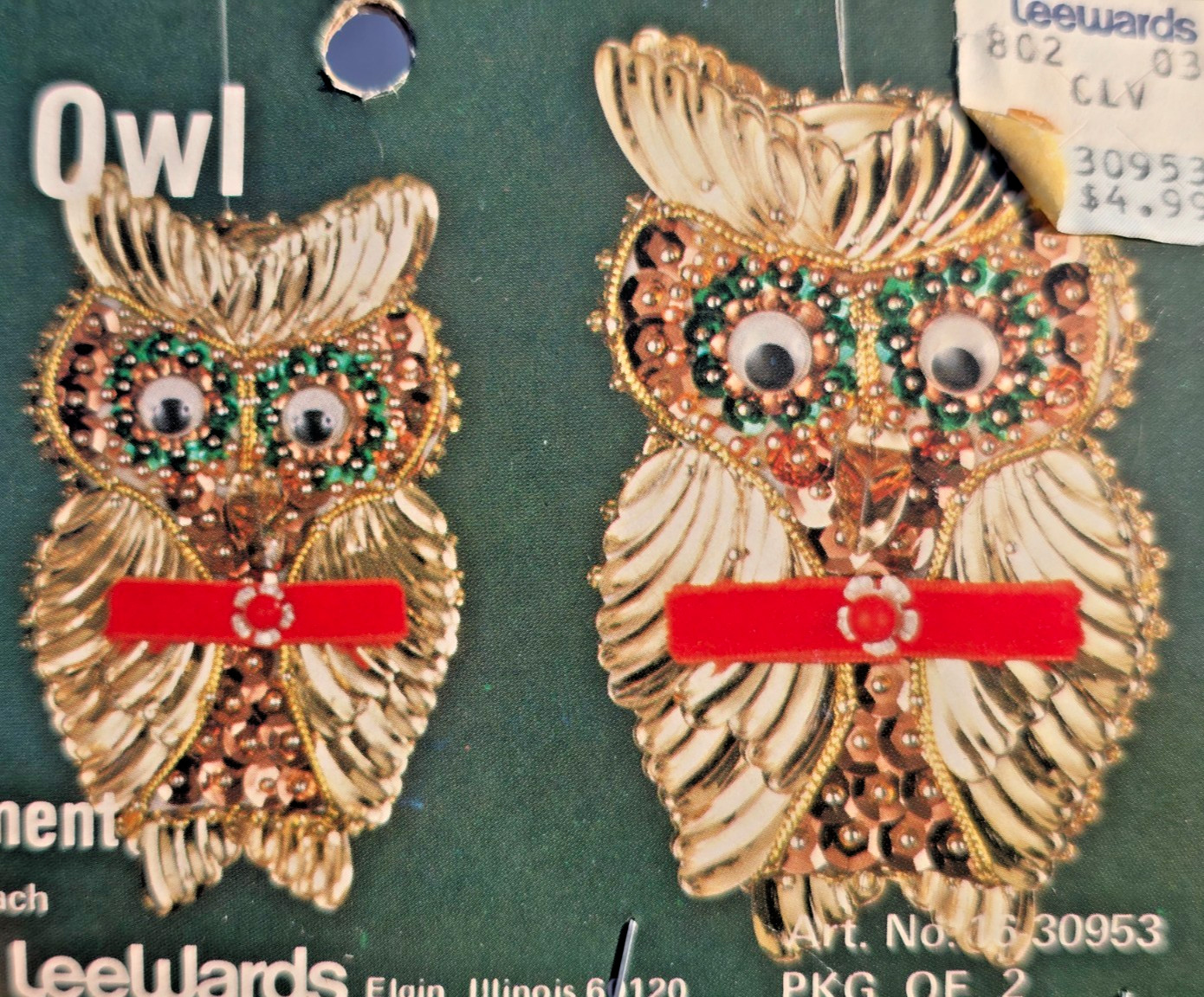 LeeWards SANTA\'S OWL Sequin Bead Vintage DIY Christmas Ornament Kit Makes 2 RARE