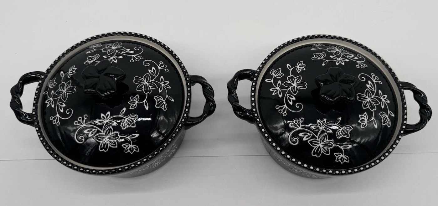 Temp-tations by Tara Floral Lace Black 1 Qt Covered Casserole Dishes Lot 2