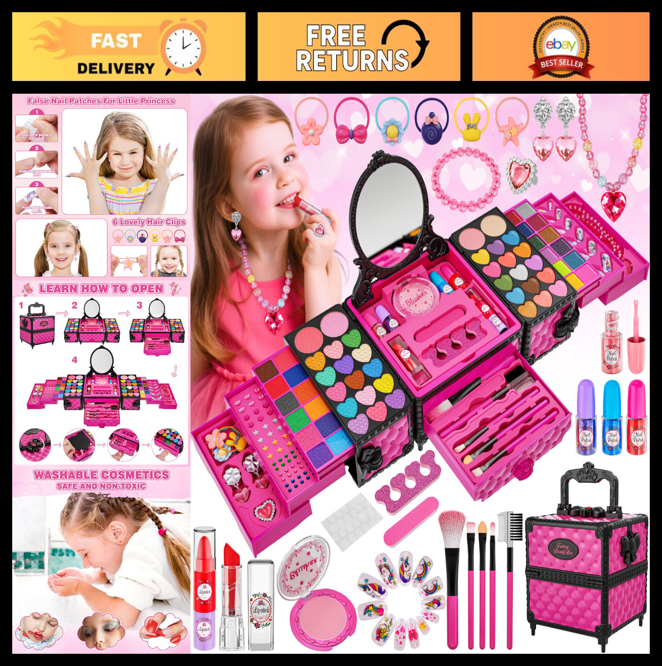 99 Pcs Kids Makeup Kit for Girls - Real Washable Cosmetics Set, Princess Toys