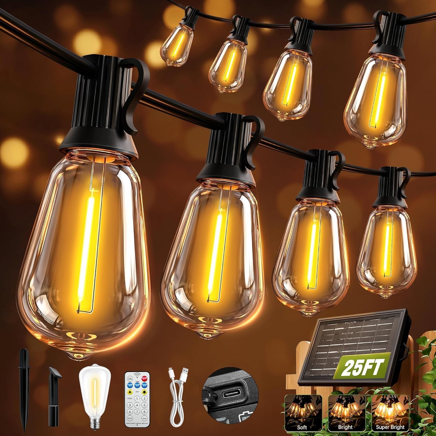 Guirnalda de luces solares de 25 pies para exteriores impermeable con control